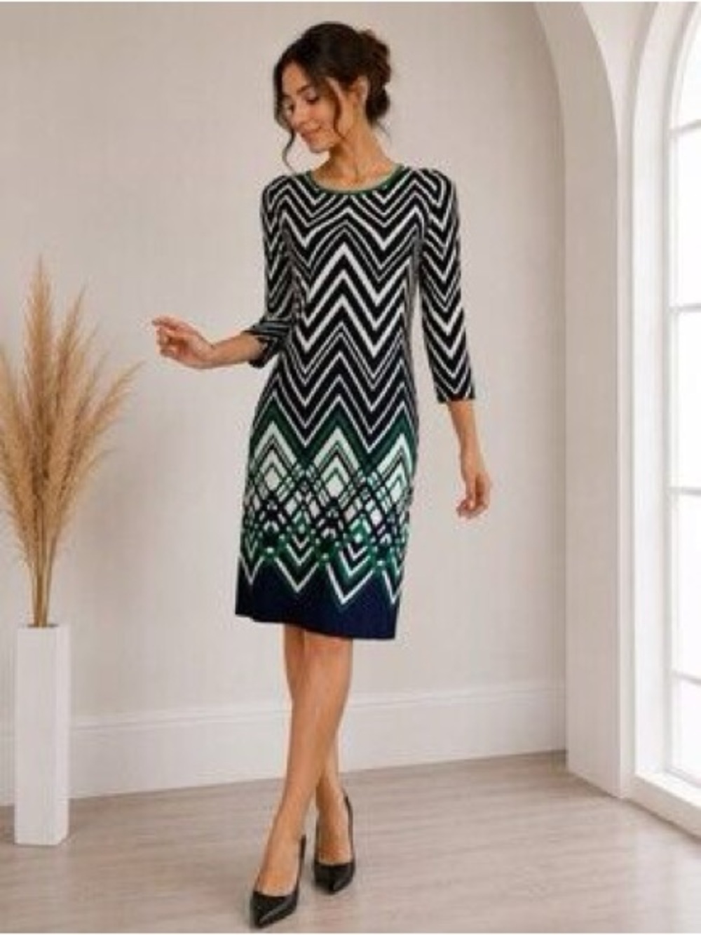Eliza J Navy and Green Chevron Midi Sheath Dress
